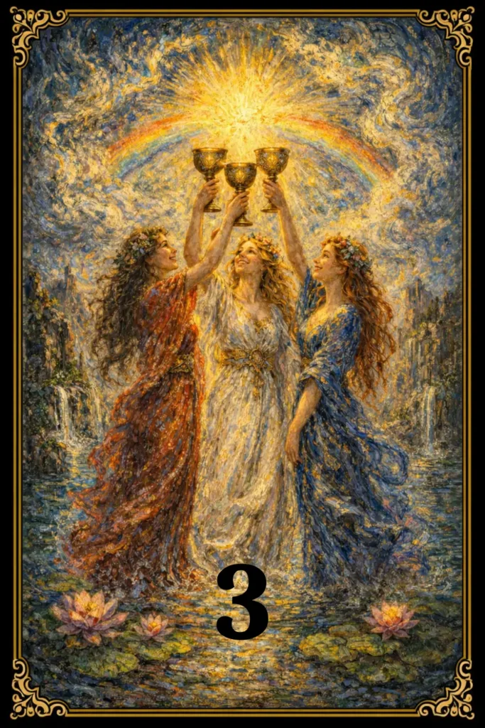 Tres de Copas tarot significado celebración amistad alegría