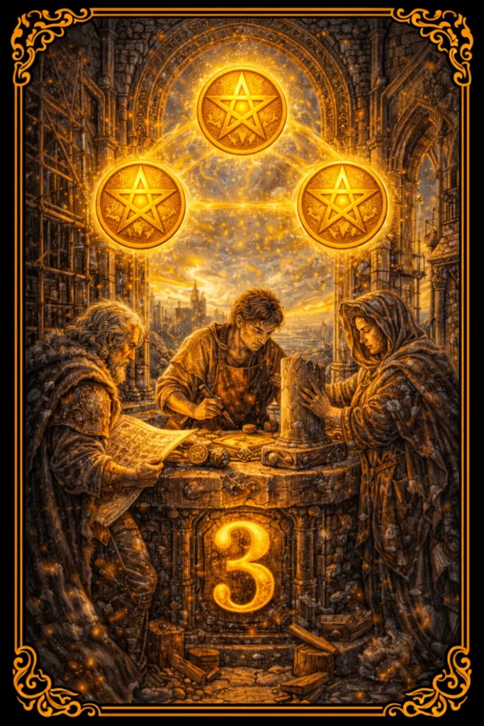 Tres de Oros tarot significado trabajo equipo progreso