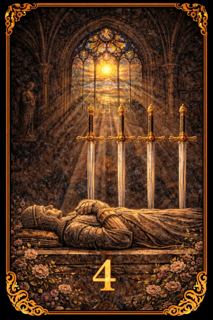 Cuatro de Espadas tarot significado descanso recuperación pausa