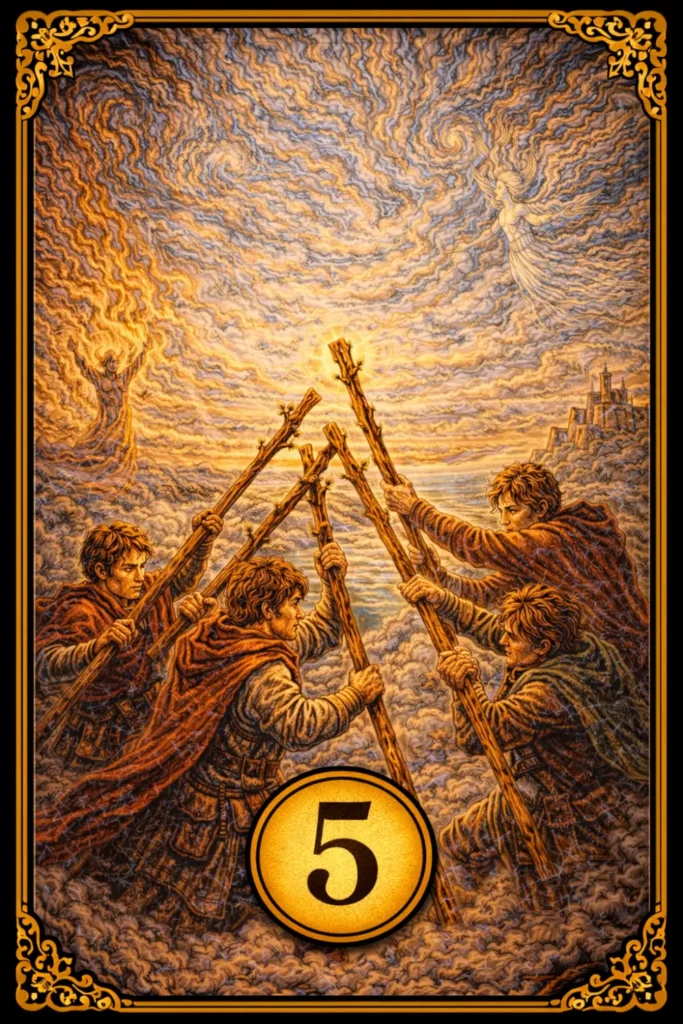 Cinco de Bastos tarot significado conflicto competencia