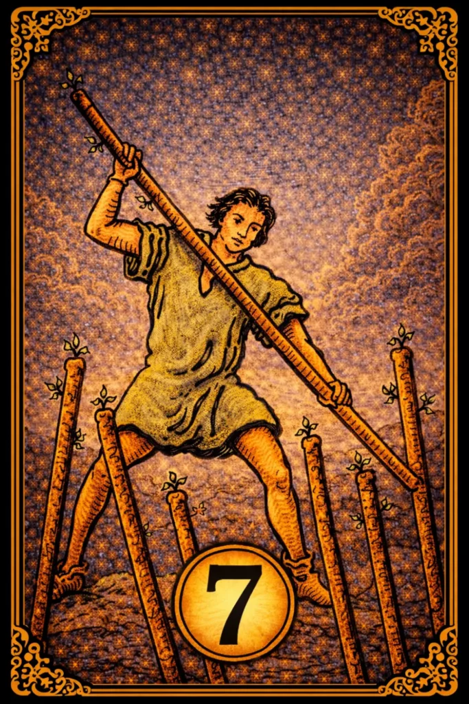 Siete de Bastos tarot significado defensa, superacion