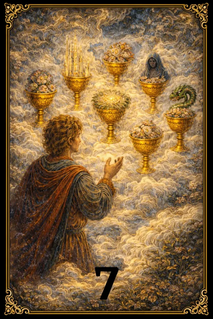 Siete de Copas tarot significado opciones confusión decisiones