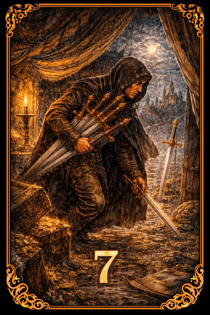 Siete de Espadas tarot significado engaño estrategia oculto