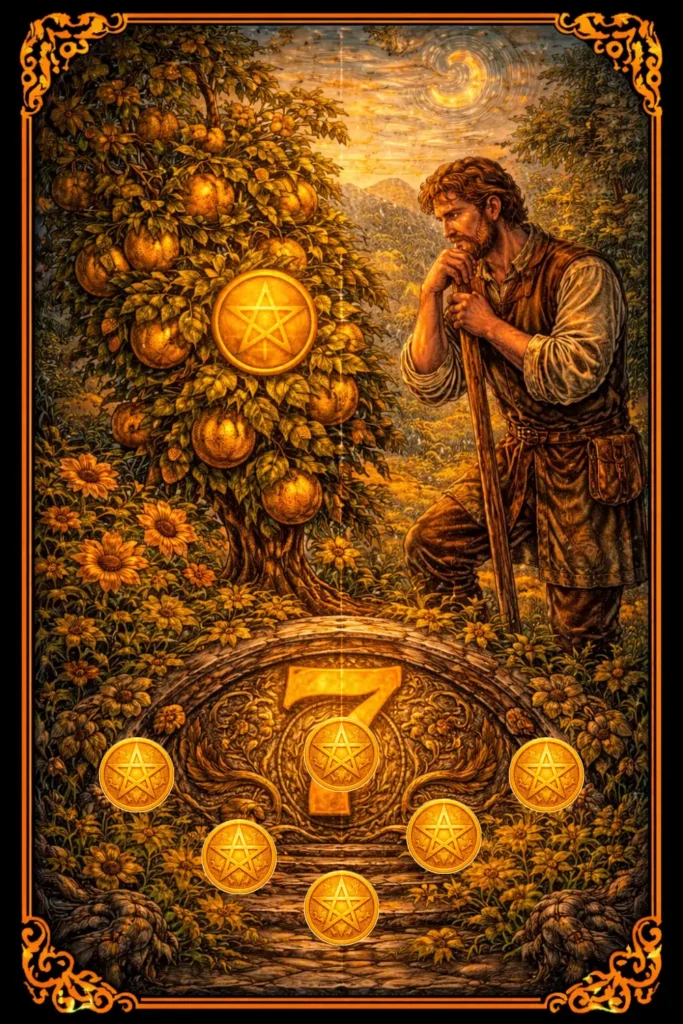 Siete de Oros tarot significado paciencia evaluación resultados