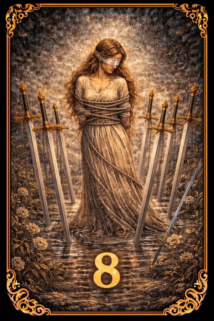 Ocho de Espadas tarot significado bloqueo miedo limitación