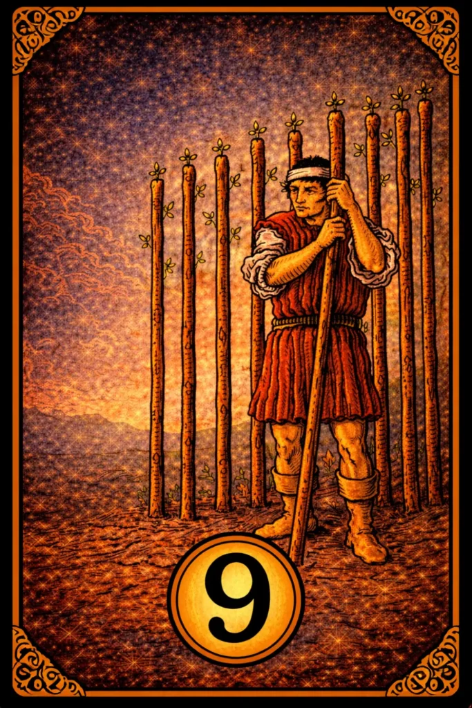 Nueve de Bastos tarot significado resistencia cansancio