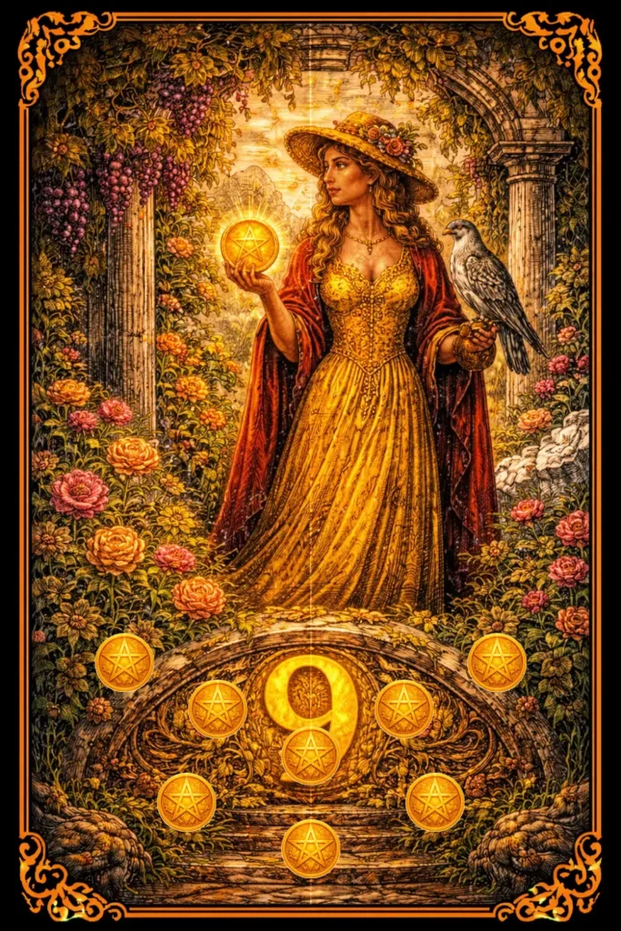 Nueve de Oros tarot significado éxito independencia abundancia