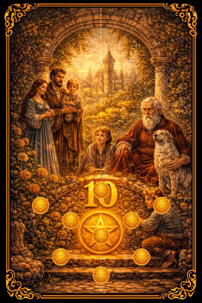 Diez de Oros tarot significado riqueza estabilidad familia